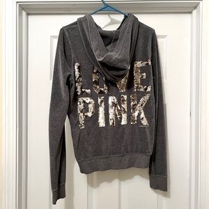 Medium Gray velvet Love Pink sequined back zip up hoodie